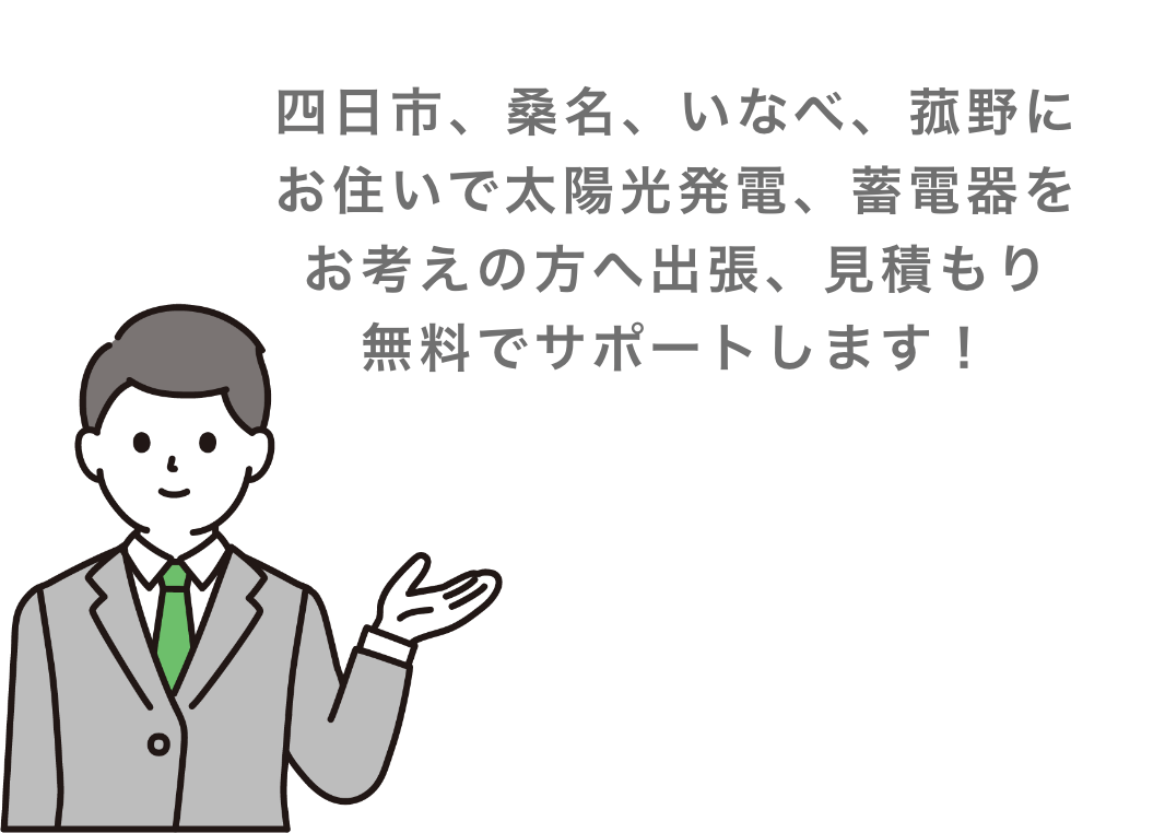 四日市、桑名、いなべ、菰野にお住いで太陽光発電、蓄電器をお考えの方へ出張、見積もり無料でサポートします！
